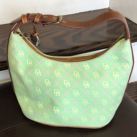 DOONEY & BOURKE Mint Green Bag w/ Pink White DB Monogram Brown Leather Handle - Picture 2 of 14